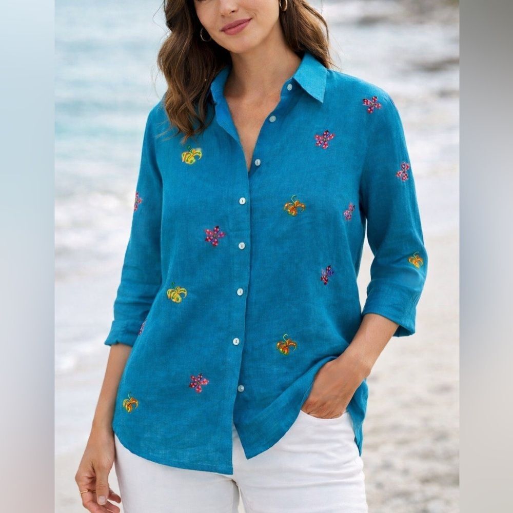Casey Coleman 100% Linen Teal Embroidered Button Shirt M Vintage